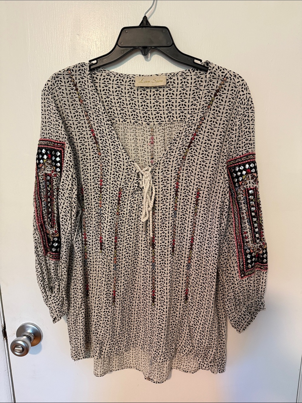 Love Sam Ivory Peasant Blouse with Black & Red Embroidery